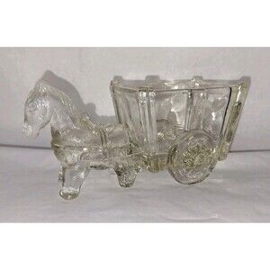 Vintage Horse/Mule pulling Cart/Wagon Clear Pressed Glass Trinket Holder